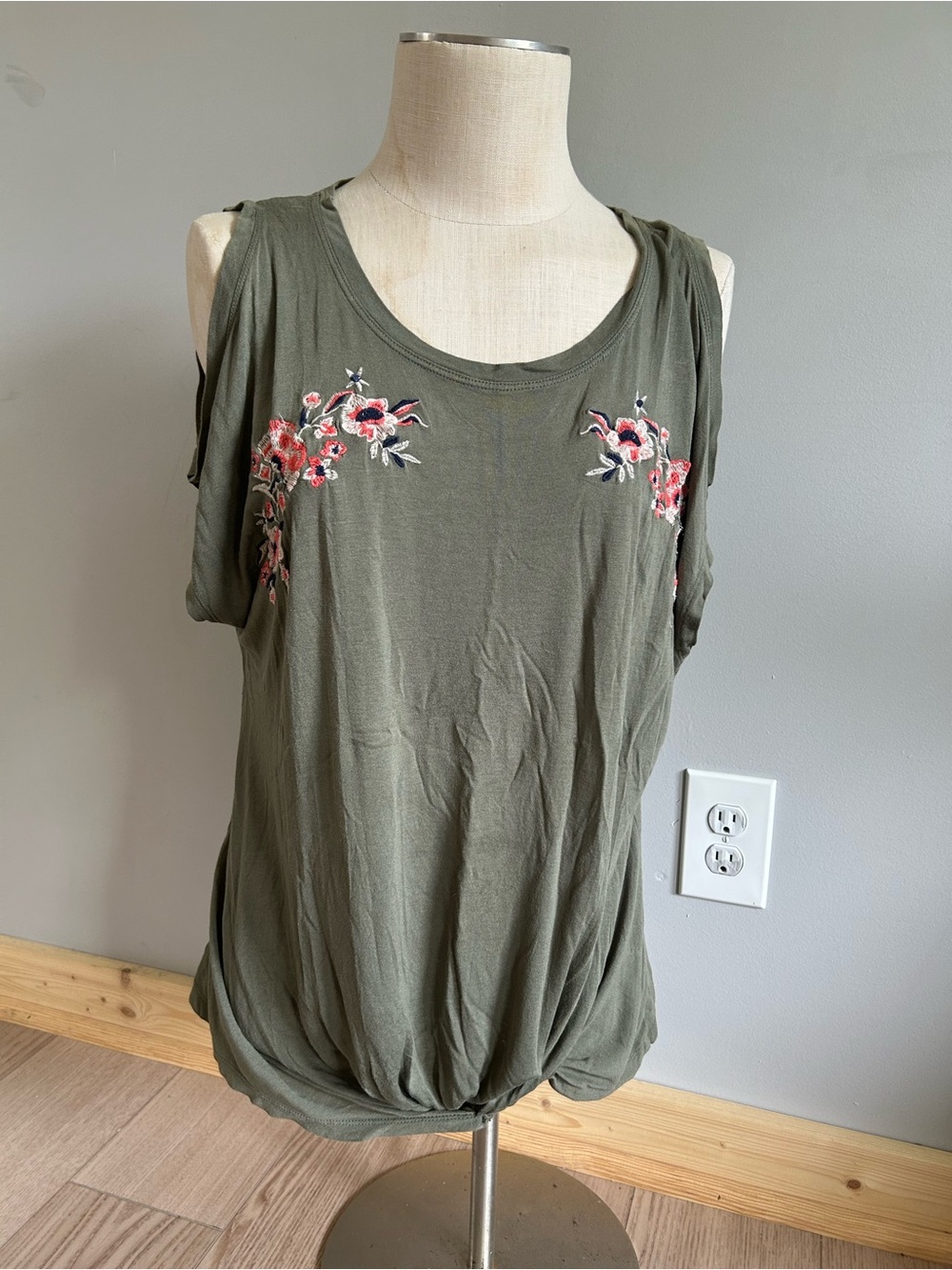 Maurices Olive Green Cold-Shoulder Embroidered Tee